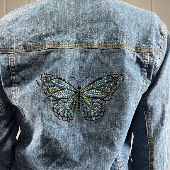*Sunburst by Morning Sun Rhinestone Butterfly Denim Jean Jacket Sz M - Picture 13 of 17